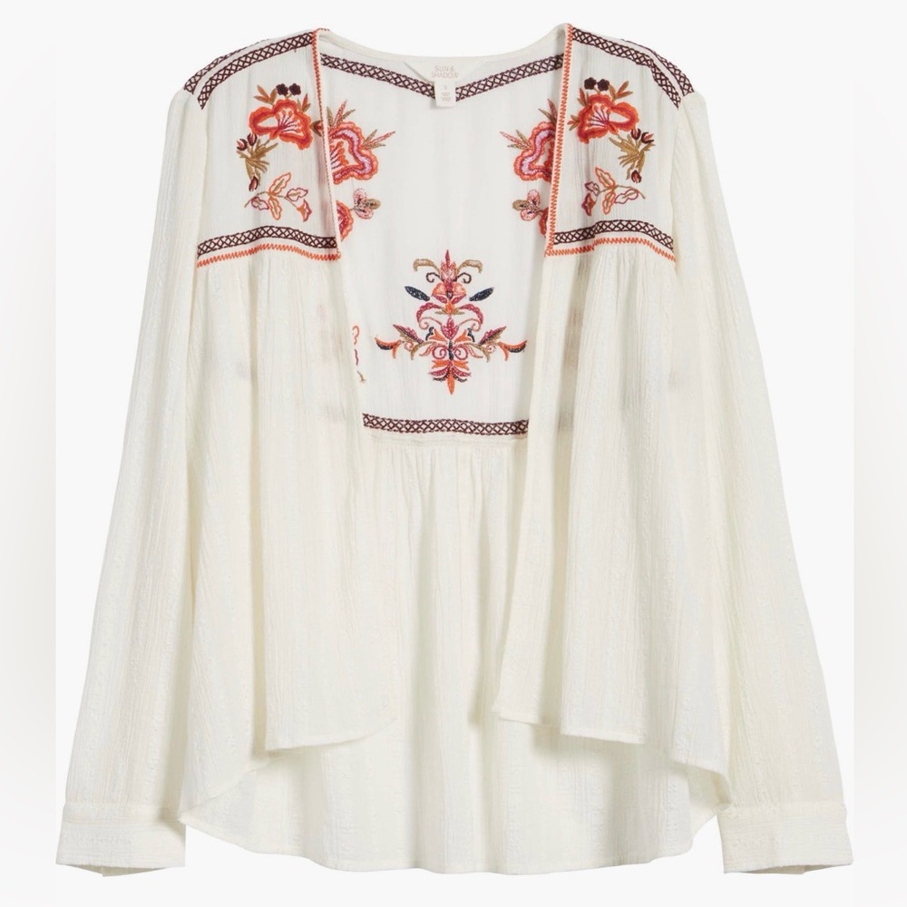 Sun & Shadow Embroidered Floral Gauze Cardigan XS Open Sheer Cotton Ivory